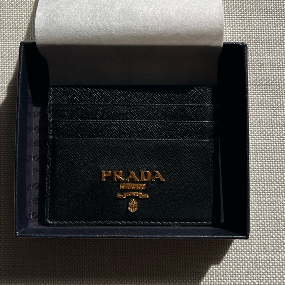 Prada Accessories - Prada Black Leather Card Holder with Gold Logo Plaque